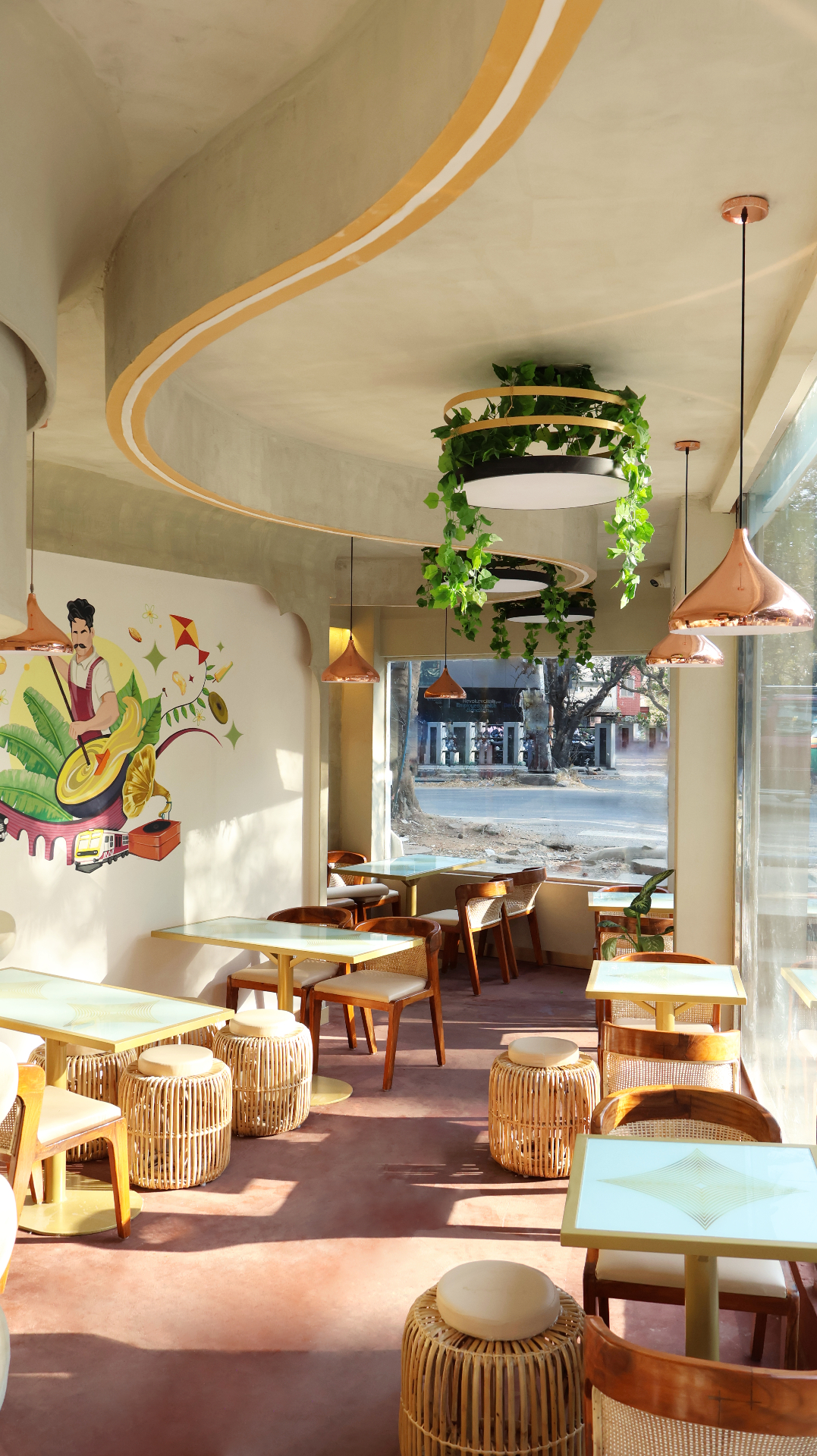 Interior of an Amara dessert boutique with marble counter and brass pendant lighting