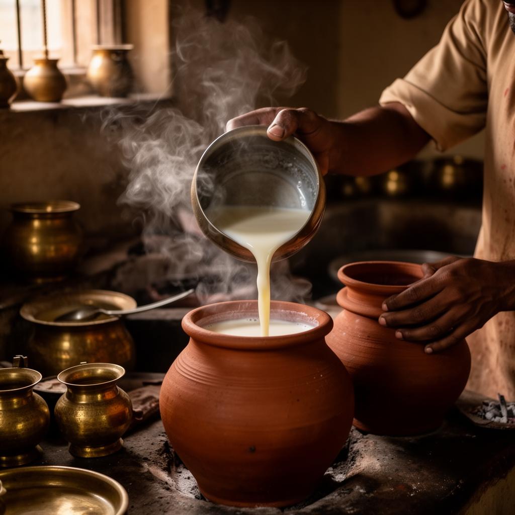 Milk being poured into clay matkas in a traditional kitchen