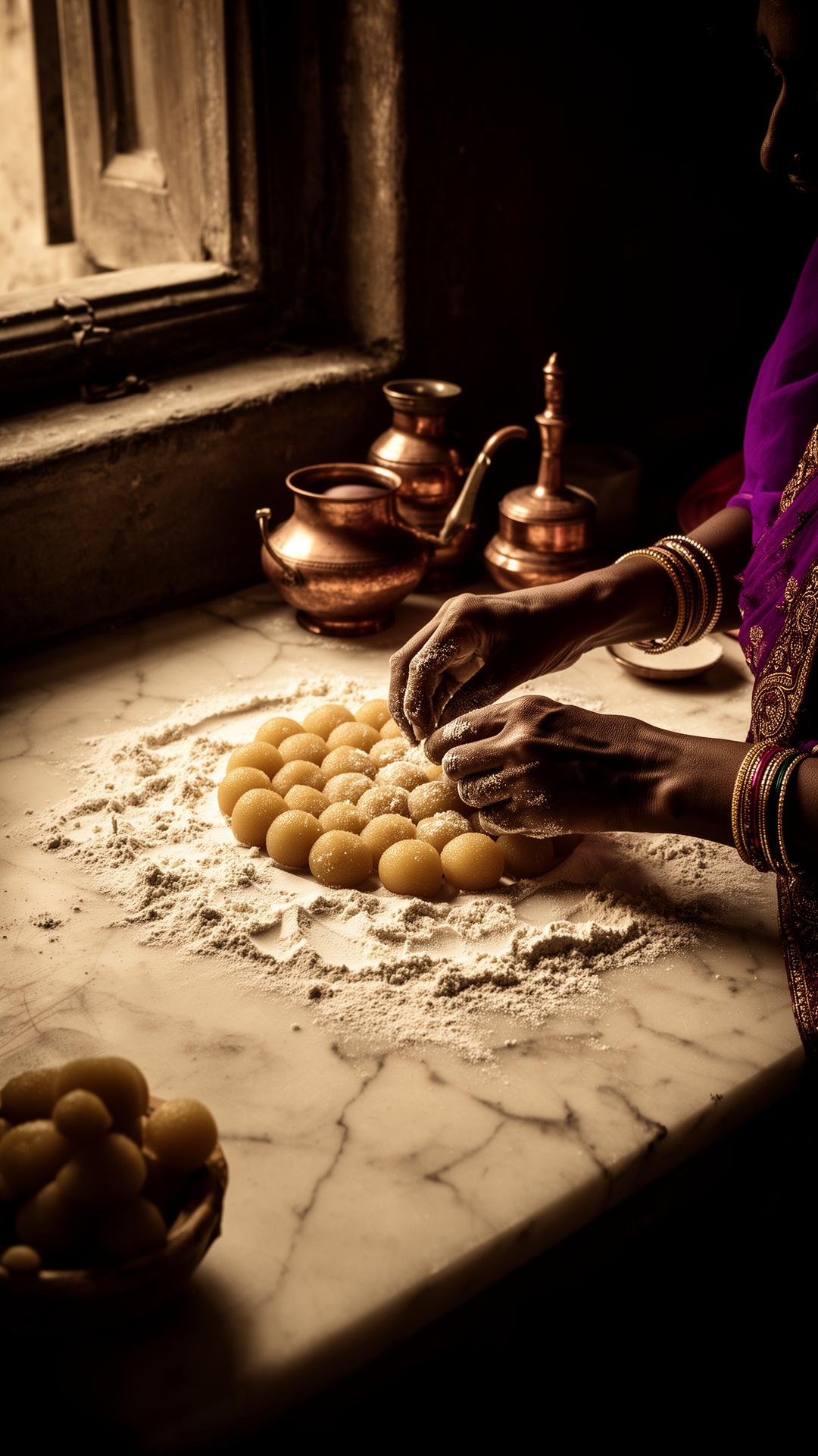 An artisan shaping mithai by hand on marble